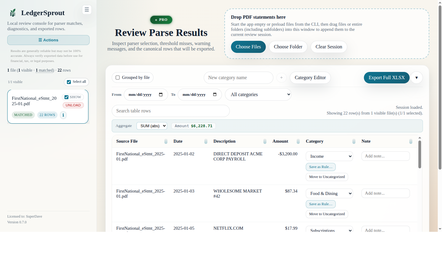 LedgerSprout review console showing parsed transactions from a statement PDF with category assignment